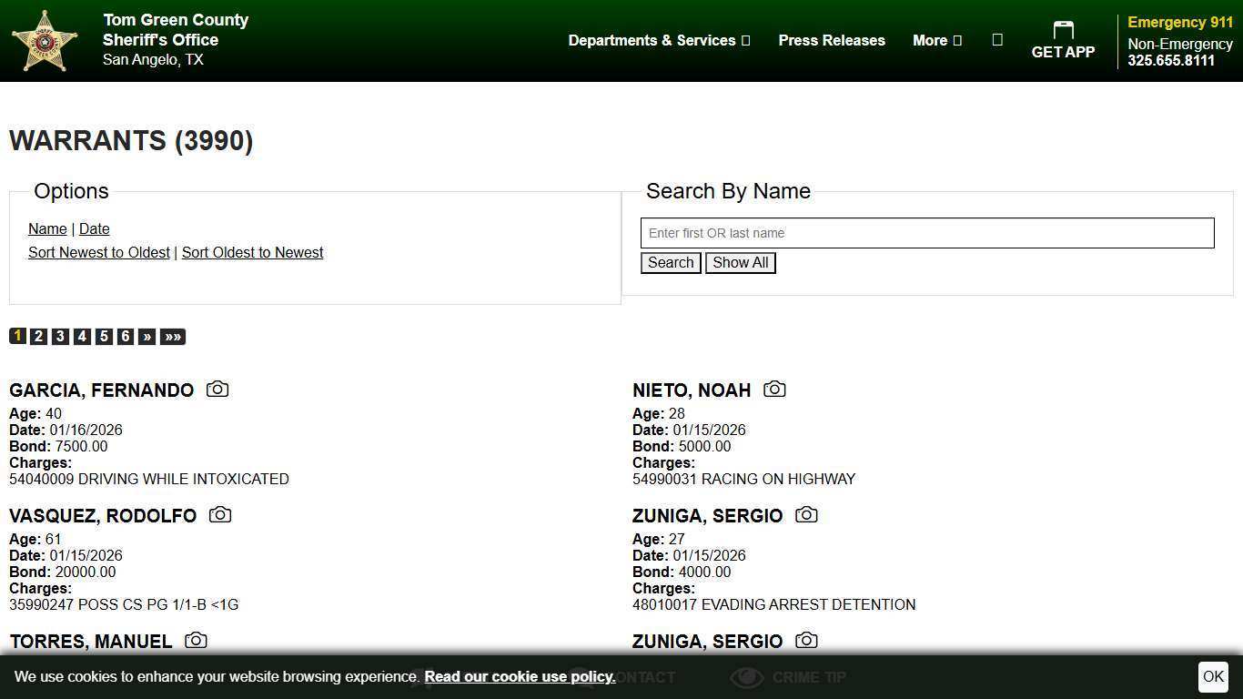 Warrants | Tom Green County TX Sheriff's Office | Sort Warrant Date - Descending | Page 1